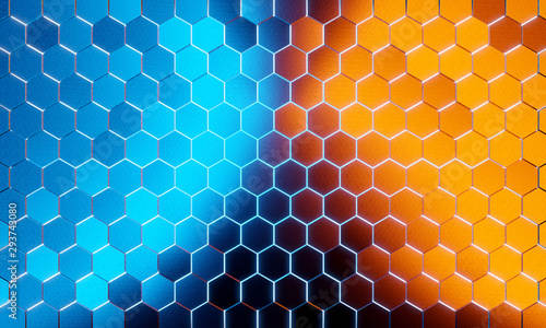 Glowing black blue and orange hexagons background pattern on silver metal sur...