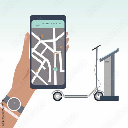 Scooter sharing or rental concept. Online electric scooter rent service. Hand with smartphone looking for e-scooter to rent. Flat vector illustration for banner, web, mobile app, flyer, poster.