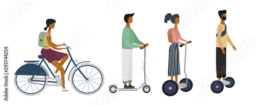 Set of characters on bike, scooter, e-scooters. City Eco transportation concept. Flat vector illustration for banner, web, mobile app, poster. Isolated elements on white background