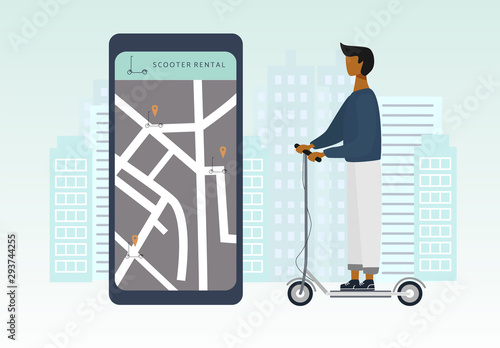 Scooter sharing or rental concept. Young man on electric scooter riding in the city. Online e-scooter rent service on big smartphone. Vector illustration for banner, web, mobile app, flyer, poster