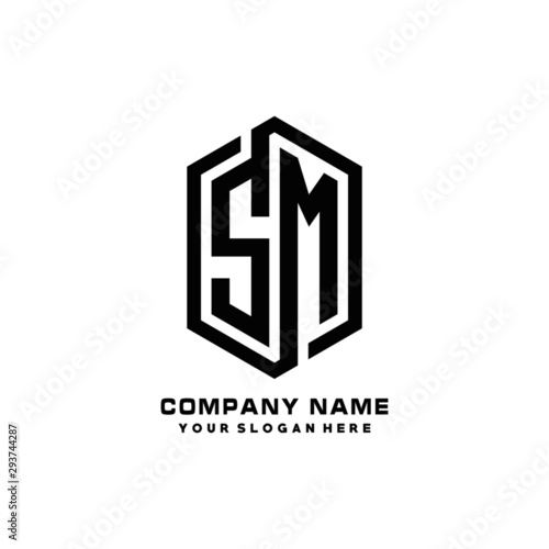 SM initials business abstract logo in the shape of a hexagon, with a thick line connected around the letters