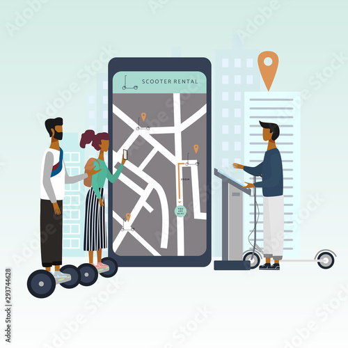 Scooter sharing or rental concept . Woman and men with electric scooters at the rental spot. Online e-scooter rent service on a big smartphone. Flat vector for banner, web, mobile app, flyer, poster