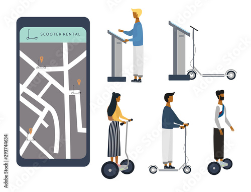 Scooter sharing or rental concept set. Woman, men on e-scooter are riding. Electric scooter rent service app. Flat vector illustration for banner, web, mobile app, flyer, poster.