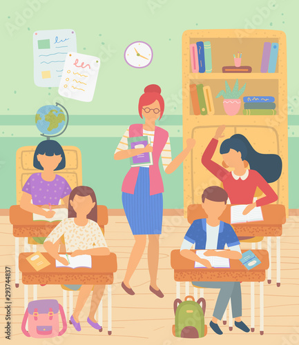 Classroom vector, teacher with book teaching kids. Lesson geography discipline leaning, schoolgirl answering question, Classmates sitting by desks. Back to school concept. Flat cartoon