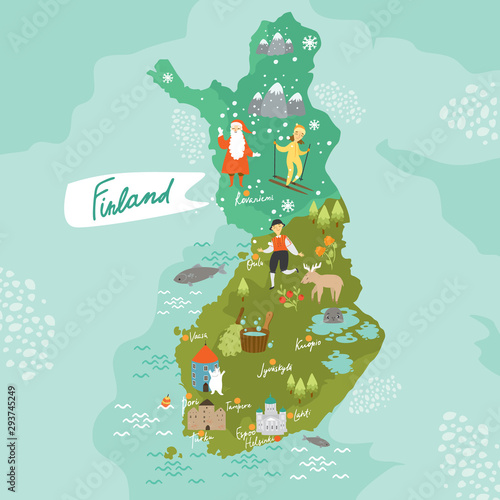 Map of Finland. Lapland. The country of Scandinavia. The European Union. Traditional food. National cuisine. National Costume. Fin in traditional dress