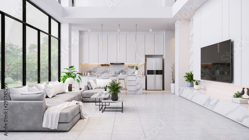 Modren living room and kitchen room  interior ,luxury home,villa ,3d render © LEKSTOCK 3D