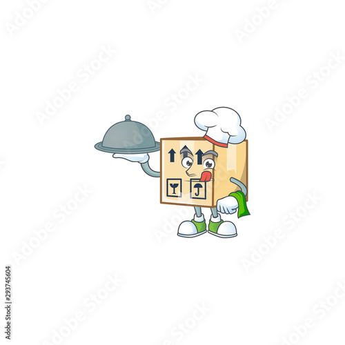 Chef with food cardboard close mascot on white background