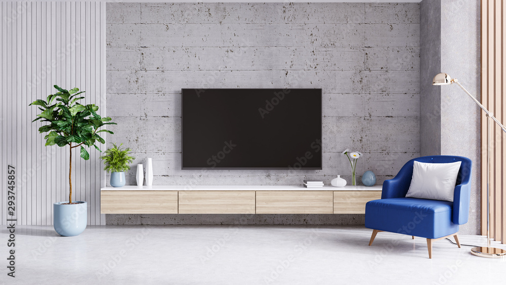Illustrazione Stock TV cabinet and display. loft interior of living room,  blue wall with concrete wall .3d render | Adobe Stock