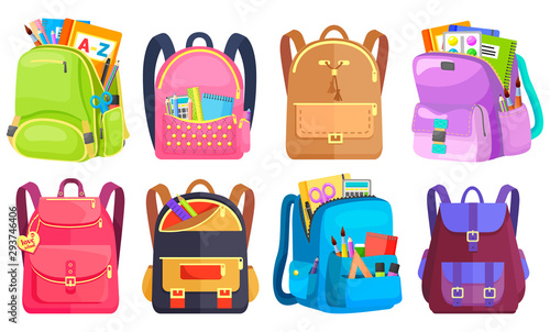 Colored school backpack. Education and study back to school, schoolbag luggage, rucksack vector illustration. Kids school bag with education equipment. Backpacks with study supplies. Student satchels