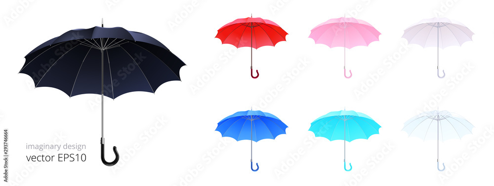 Obraz premium Open umbrella cane. 12 ribs and classic crook handle. Vector set of 3d realistic rain umbrellas. Collection of devices with a different colors. Black, red, blue, pink, cyan and transparent canopies