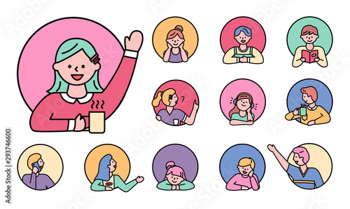 Character kids in window, isolated circles set line pupils female and male personages. Personage reading books, bookworm student listening music in headphones. People face in action round color icons