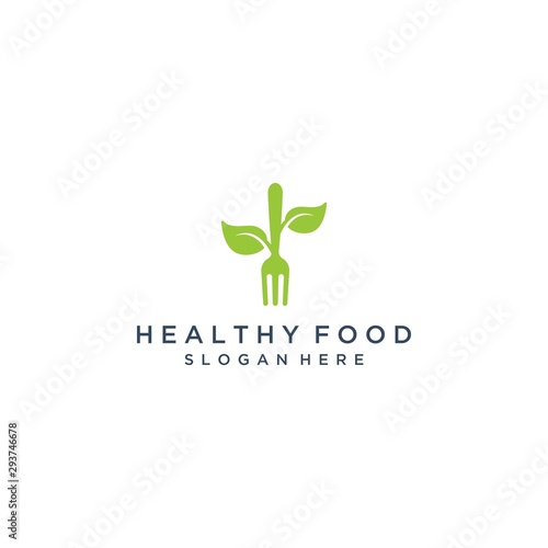 logo design healthy food or fork with leaves