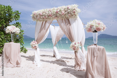 view of wedding decoration on  tropical summer beach 