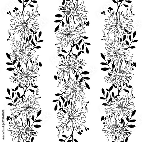Vector seamless botanical pattern with hand drawn chrysanthemum flowers and herbs isolated on a white background. Endless texture. Contour and silhouette. Wrapping paper, textile fabric print.