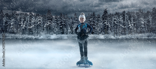view of child  figure skater on winter lake  background