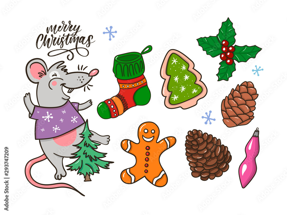 Fototapeta premium Merry Christmas traditional symbols in doodle style isolated on white background. Vector illustration of New Year attributes gingerbread Rat Christmas tree etc. Happy New Year sketches.