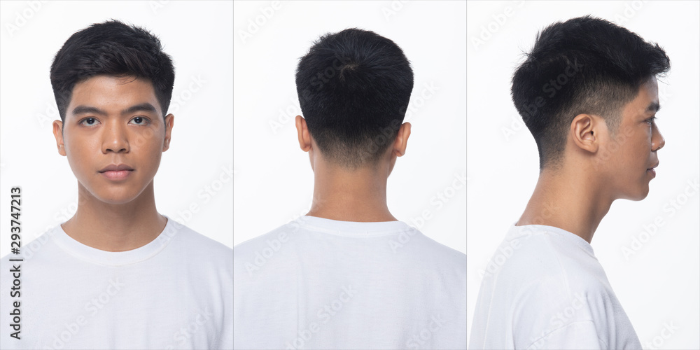 Collage pack group of Asian Teenager man before make up hair style. no  retouch, fresh face with nice and smooth skin. rear side back view Studio  lighting white background isolated 360 Stock