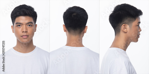 Collage pack group of Asian Teenager man before make up hair style. no retouch, fresh face with nice and smooth skin. rear side back view Studio lighting white background isolated 360