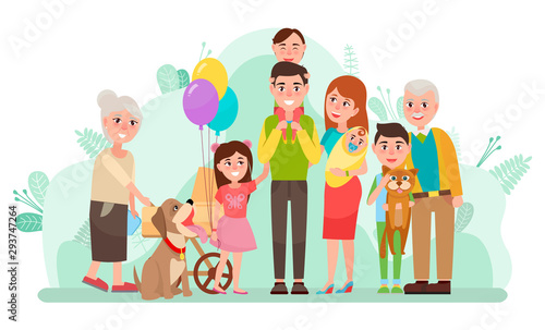 People spending time together vector, family unity. Mother and father with son and daughter, grandmother and grandson. Grandfather and pet dog cat. Family weekend in park