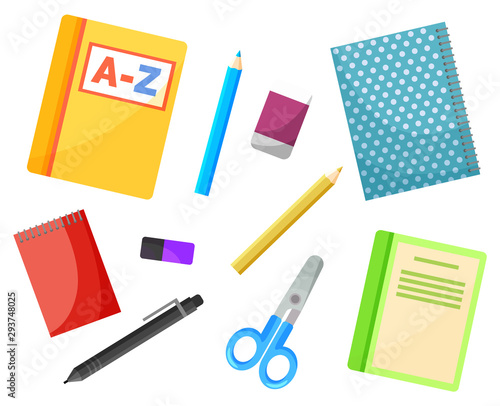 School textbook and copybook, stationery supplies vector. Alphabet book and notebook, pencil and pen, eraser and scissors, notepad isolated objects. Back to school concept. Flat cartoon