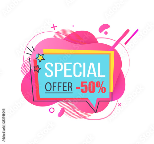 Banner with price reduction vector, 50 percent reduced cost on goods of shop, proposition of store, stars and colorful abstract design flat style