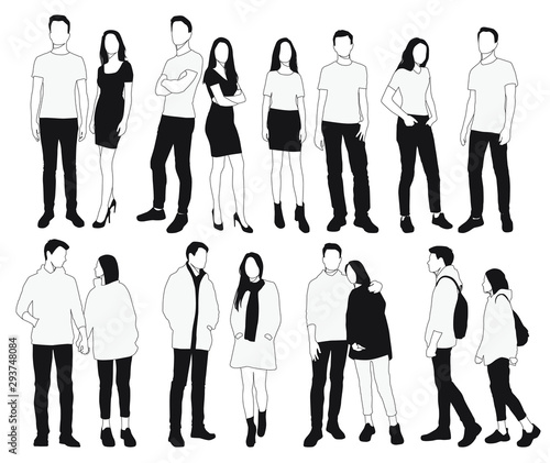 Vector silhouettes men and women standing, different poses, group  business  people,  linear sketch,  black color, isolated on white background