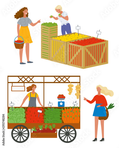 Woman buying food at market vector, isolated set of sellers and clients. Organic food and fruits. Cucumbers and carrots, tomatoes and vegetables in boxes. Pick apples concept. Flat cartoon