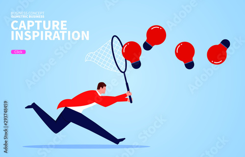 Capture the inspiration, businessman holding a butterfly net to catch a red bulb