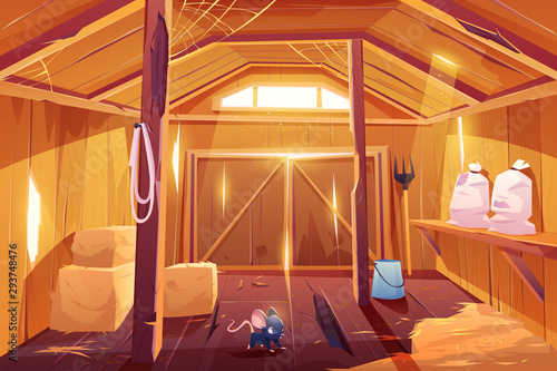 Mouse in farm barn house. Fieldmouse rodent in wooden ranch interior with haystacks, sacks, fork, huge gate and little window under ceiling. Countryside storehouse building Cartoon vector illustration