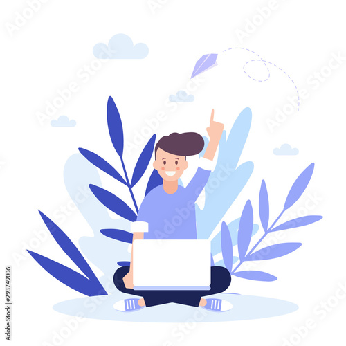 Man working with lap top, happy girl.Flat vector illustration isolated on white background. Can use for web banner, infographics, web page.