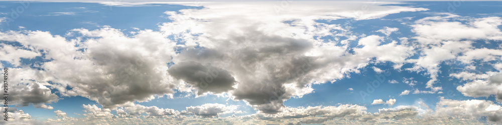 Seamless cloudy blue sky hdri panorama 360 degrees angle view with zenith and beautiful clouds for use in 3d graphics as sky dome or edit drone shot