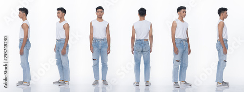 Collage pack group of Asian Teenager man express many acting posing in full length snap body. Studio lighting white background isolated. rear side back view 360 photo