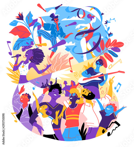 Poster for summer music festival, celebration, holiday party. A group of people, family, friends happy to be together celebrating a special event. Vector illustration
