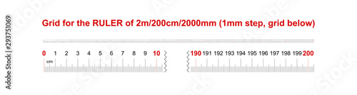 Ruler of 2000 millimeters. Ruler of 200 centimeters. Ruler of 2 meters. Calibration grid. 1 mm step, grid below. photo