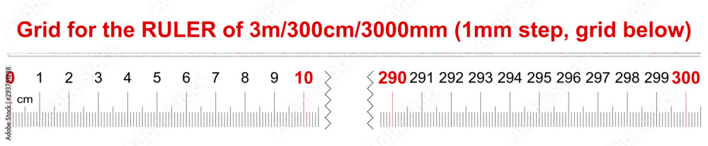 Ruler of 3000 millimeters. Ruler of 300 centimeters. Ruler of 3 meters. Calibration grid. 1 mm step, grid below. Ruler of 3000 millimeters. Ruler of 300 centimeters. Ruler of 3 meters. Calibration grid. 1 mm step, grid below.