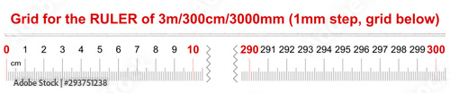 Ruler of 3000 millimeters. Ruler of 300 centimeters. Ruler of 3 meters. Calibration grid. 1 mm step, grid below.