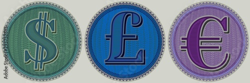 Signs of world currencies, dollar, pound and euro on the background of round guilloche patterns