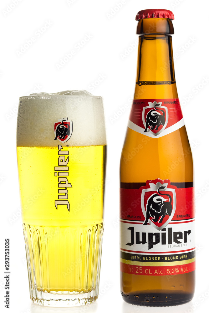 GRONINGEN, NETHERLANDS - APRIL 7, 2017: Bottle and glass of Belgian Jupiler  beer isolated on a white background Stock Photo | Adobe Stock