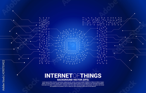 CPU processor on center of IoT wording from Circuit dot and line graphic style. Concept for internet of Things Technology.