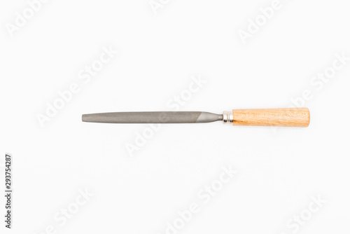Isolate needle file on white background. Half round file wooden handle.