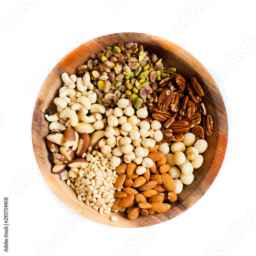 Top view of wooden plate with vasious types of nuts