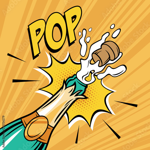 Champagne cork popping vector illustration. Alcohol drink pop art style.