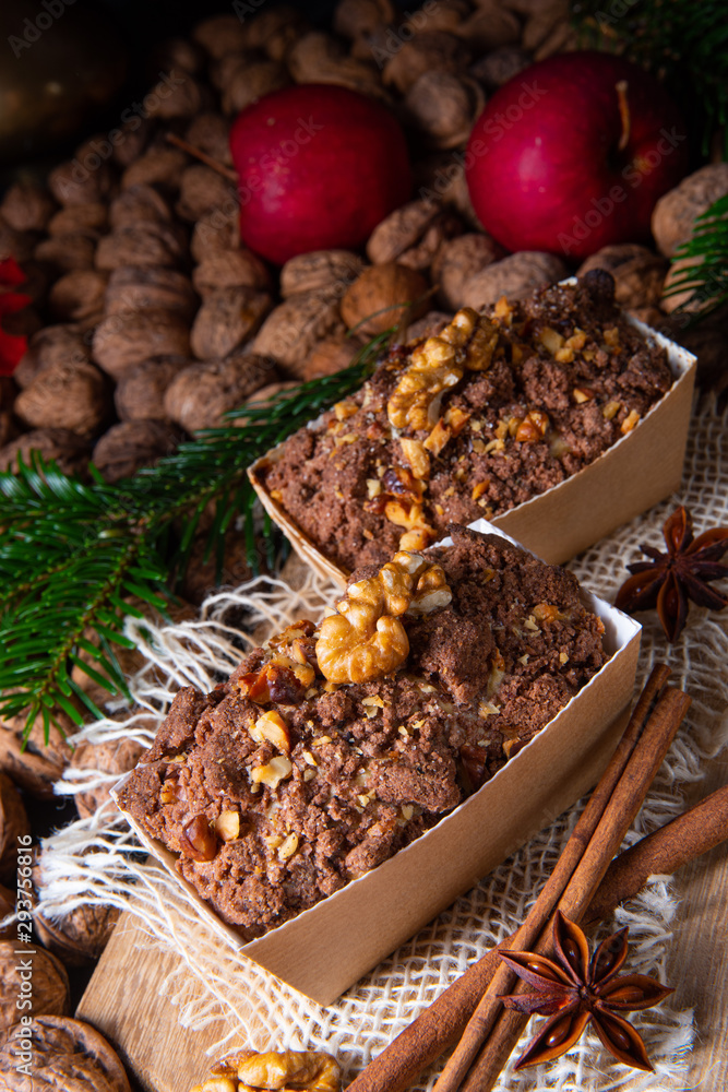 Fototapeta premium delicious apple chocolate cake with hazelnuts