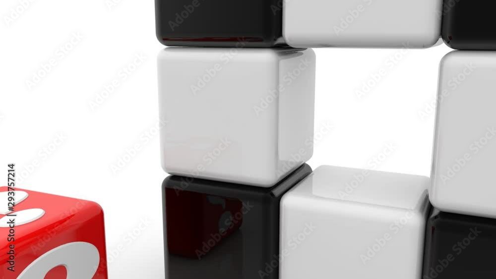 Red cube with question marks on an abstract design from black and white cubes Red cube with question marks on an abstract design from black and white cubes