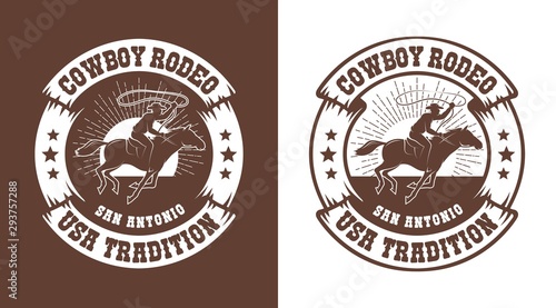 Cowboy horseman with lasso - western rodeo vintage emblem. Cowboy rider logo stamp style. Vector illustration.
