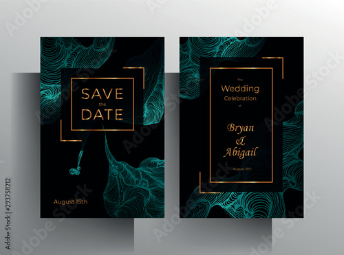 Design wedding invitation template set. Turquoise texture elements and golden frames on a black background are hand-drawn. Vector 10 EPS.