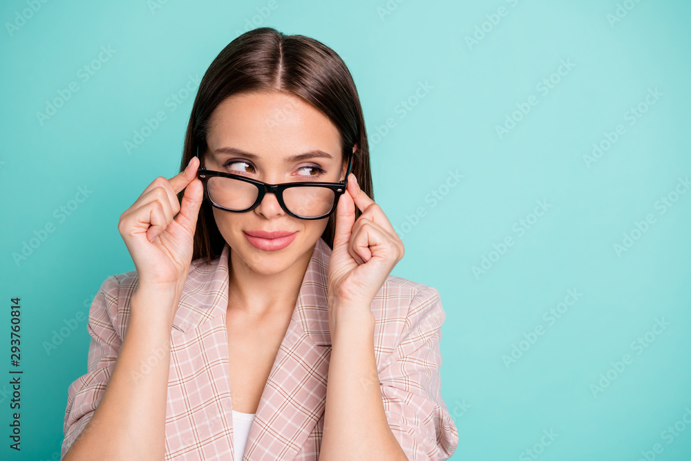 Close-up portrait of nice attractive lovely winsome lovable pretty cheerful girlish straight-haired lady peeking touching specs isolated over bright vivid shine blue green teal turquoise background Close-up portrait of nice attractive lovely winsome lovable pretty cheerful girlish straight-haired lady peeking touching specs isolated over bright vivid shine blue green teal turquoise background