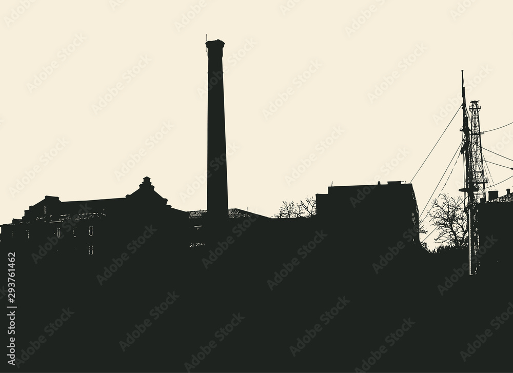 Silhouette of an old factory with a big pipe. Vector Illustration