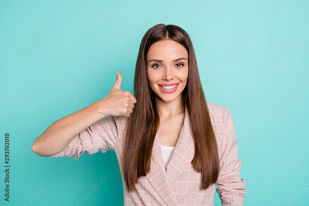 Portrait of her she nice-looking attractive lovely gorgeous lovable cheerful cheery straight-haired girl showing thumbup isolated over bright vivid shine blue green turquoise background Portrait of her she nice-looking attractive lovely gorgeous lovable cheerful cheery straight-haired girl showing thumbup isolated over bright vivid shine blue green turquoise background