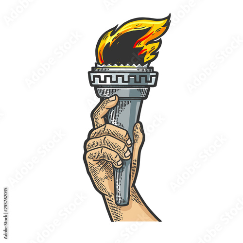 Fire torch symbol of sports olympic competitions in hand sketch engraving vector illustration. Tee shirt apparel print design. Scratch board style imitation. Black and white hand drawn image.